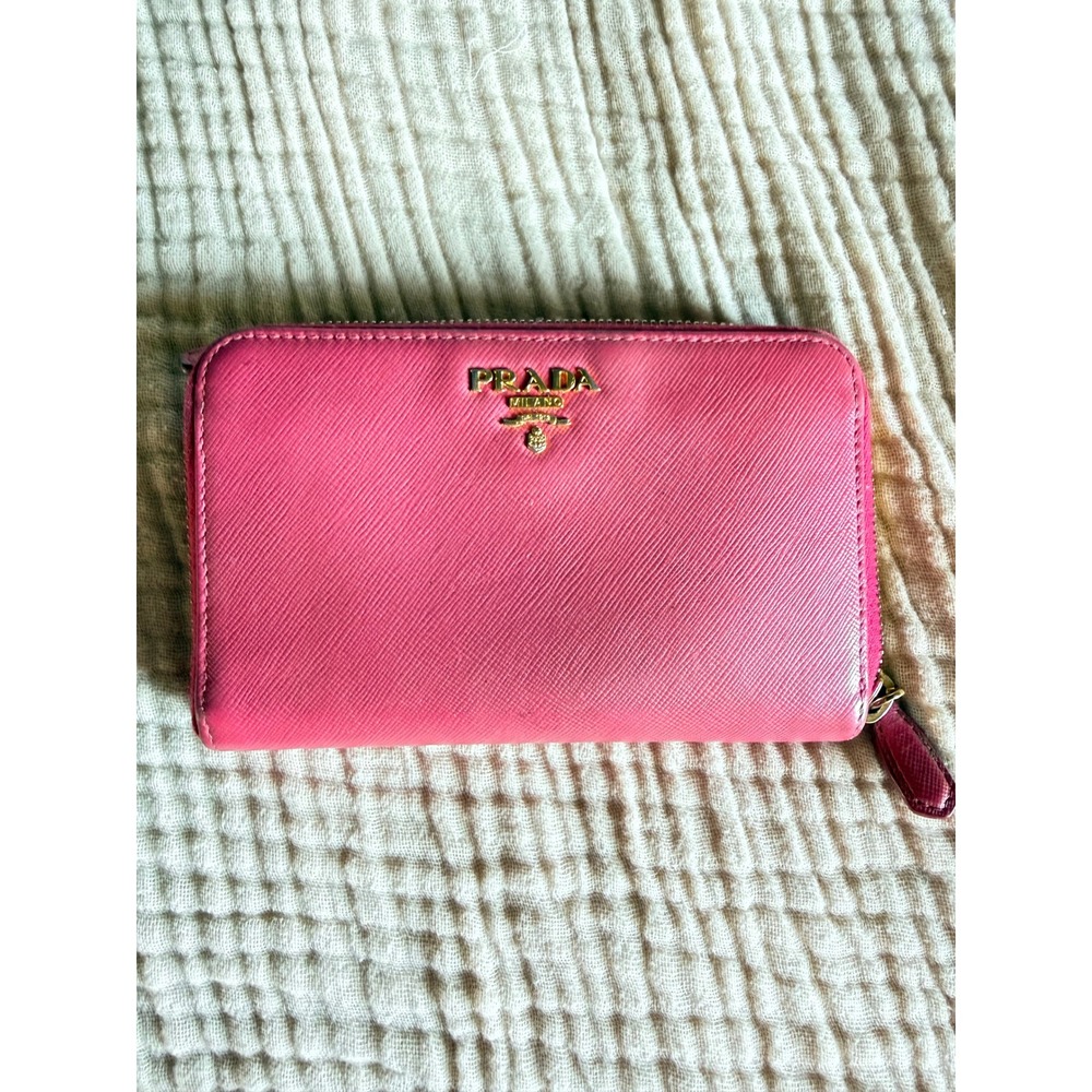 Prada Pink Saffiano Leather Zip Around Small Wallet Gold Hardware Made in Italy